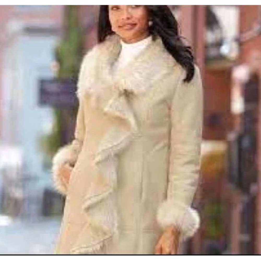 KC COLLECTIONS Beige FAUX SUEDE/FUR Hook-Eye Closer LARGE COLLAR Drape JACKET S